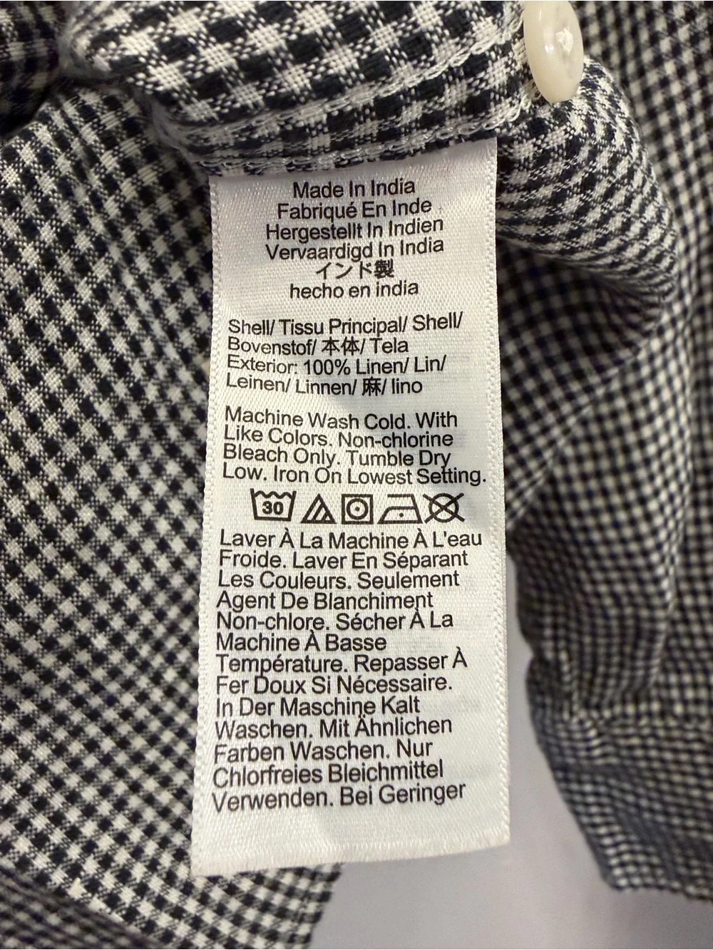 J.Crew Men's 100% Linen Black White Gingham Check Button Down Shirt Size XS
